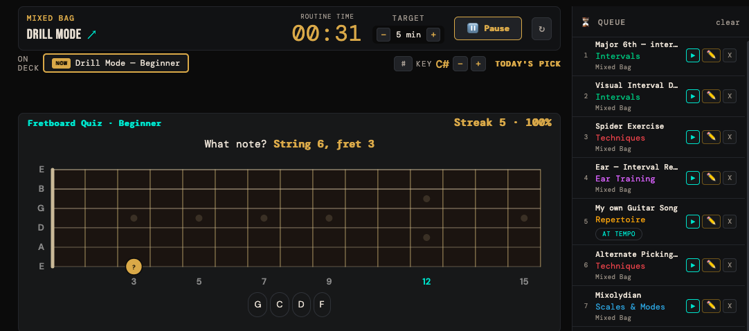 The Fretboard Note Finder in drill mode with a single position marked on the neck