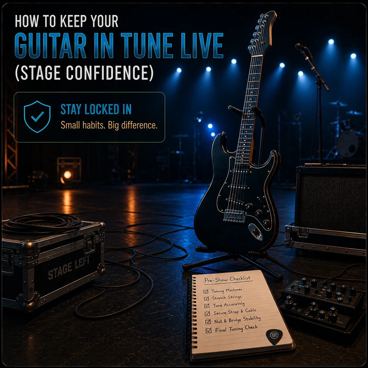 A pre-show checklist for guitar players — covering string settling, tuning stability, and stage-ready setup steps before a live performance