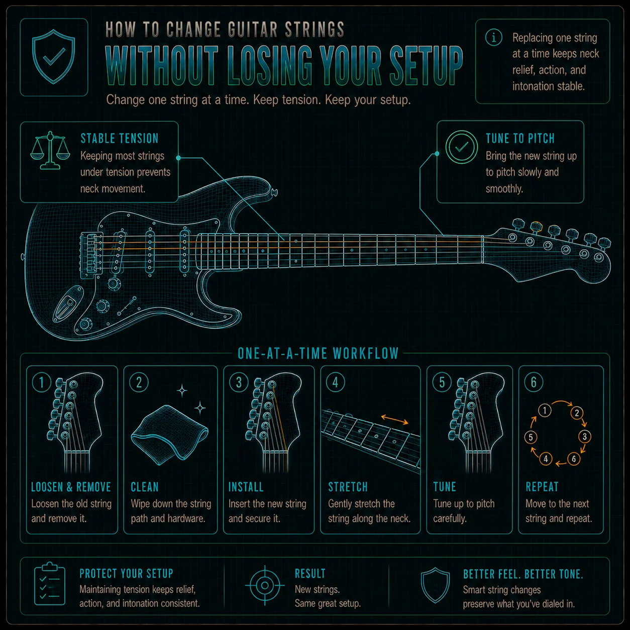 Replacing guitar strings one at a time to keep neck tension stable