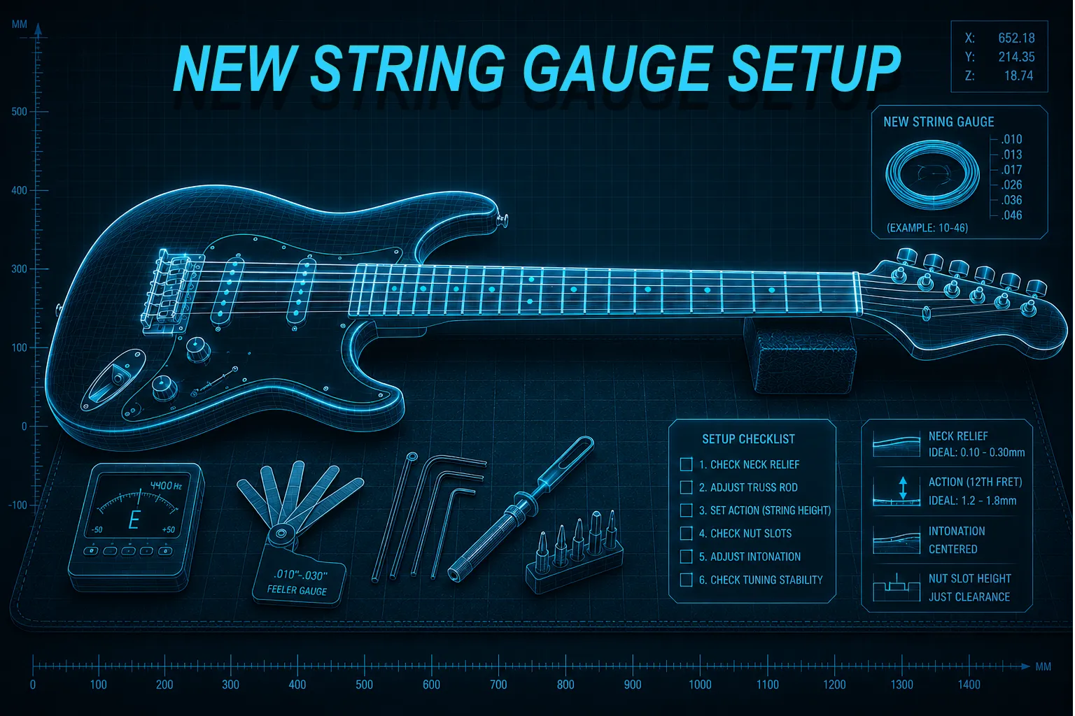 Guitar with new strings being set up after a gauge change