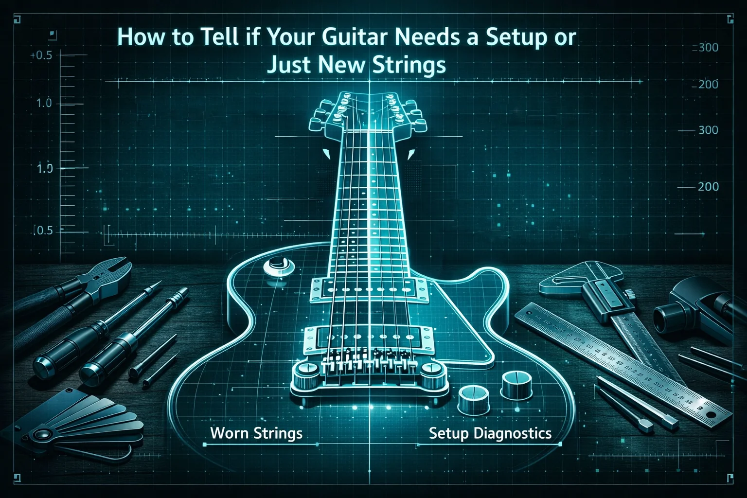 Guitar on a workbench next to a fresh set of strings — setup or string change triage