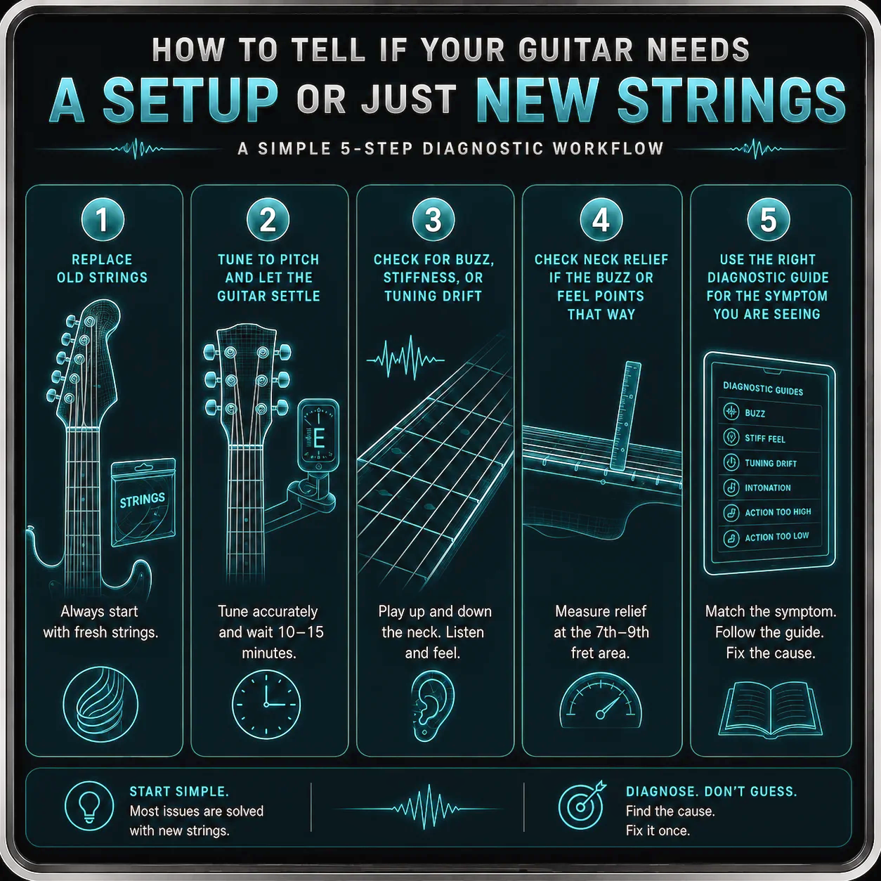 Decision workflow showing when to change strings versus do a full guitar setup — a clear order of steps for troubleshooting guitar feel and tuning issues
