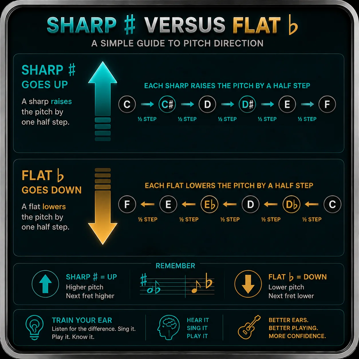 Visual diagram showing the difference between sharp and flat pitch direction