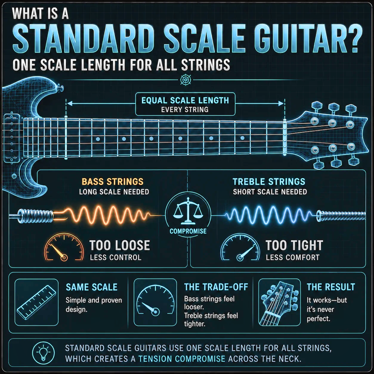 Diagram showing the string tension mismatch on a single-scale guitar — low strings wanting more length, high strings preferring less