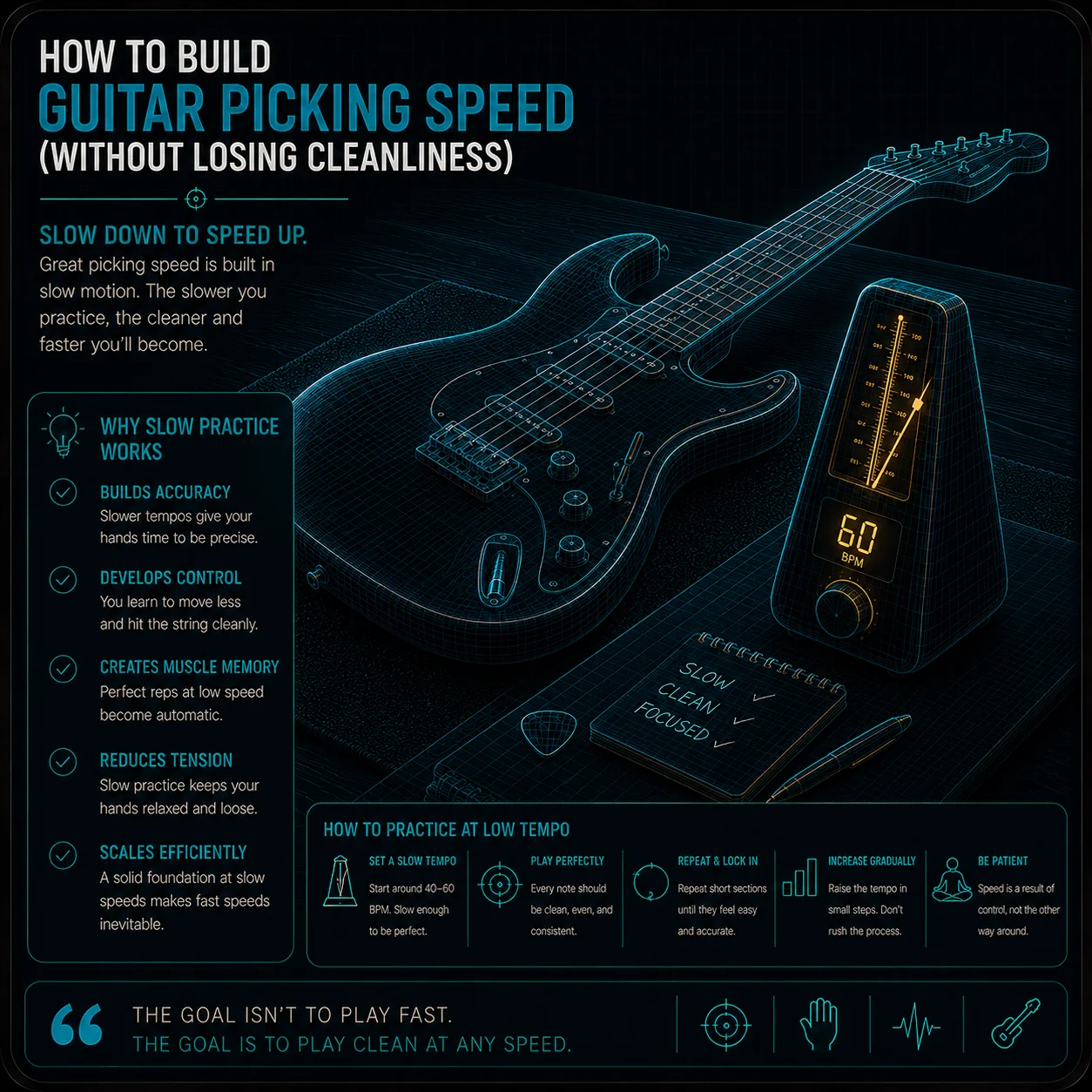 A guitar and metronome on a practice surface set to a slow tempo — calm and deliberate atmosphere suggesting clean low-speed practice before ramping up