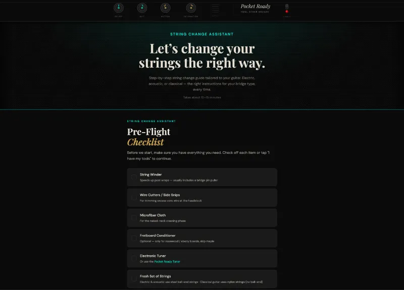 Pocket Roady Guitar String Change Assistant — Step 1 setup screen