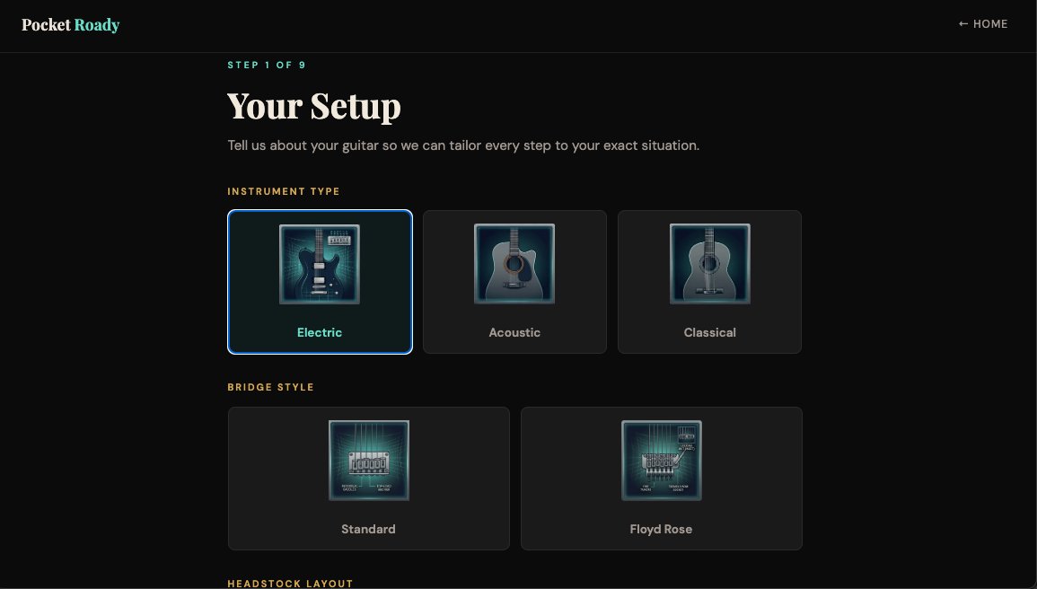 Pocket Roady Guitar String Change Assistant — Step 1 setup screen