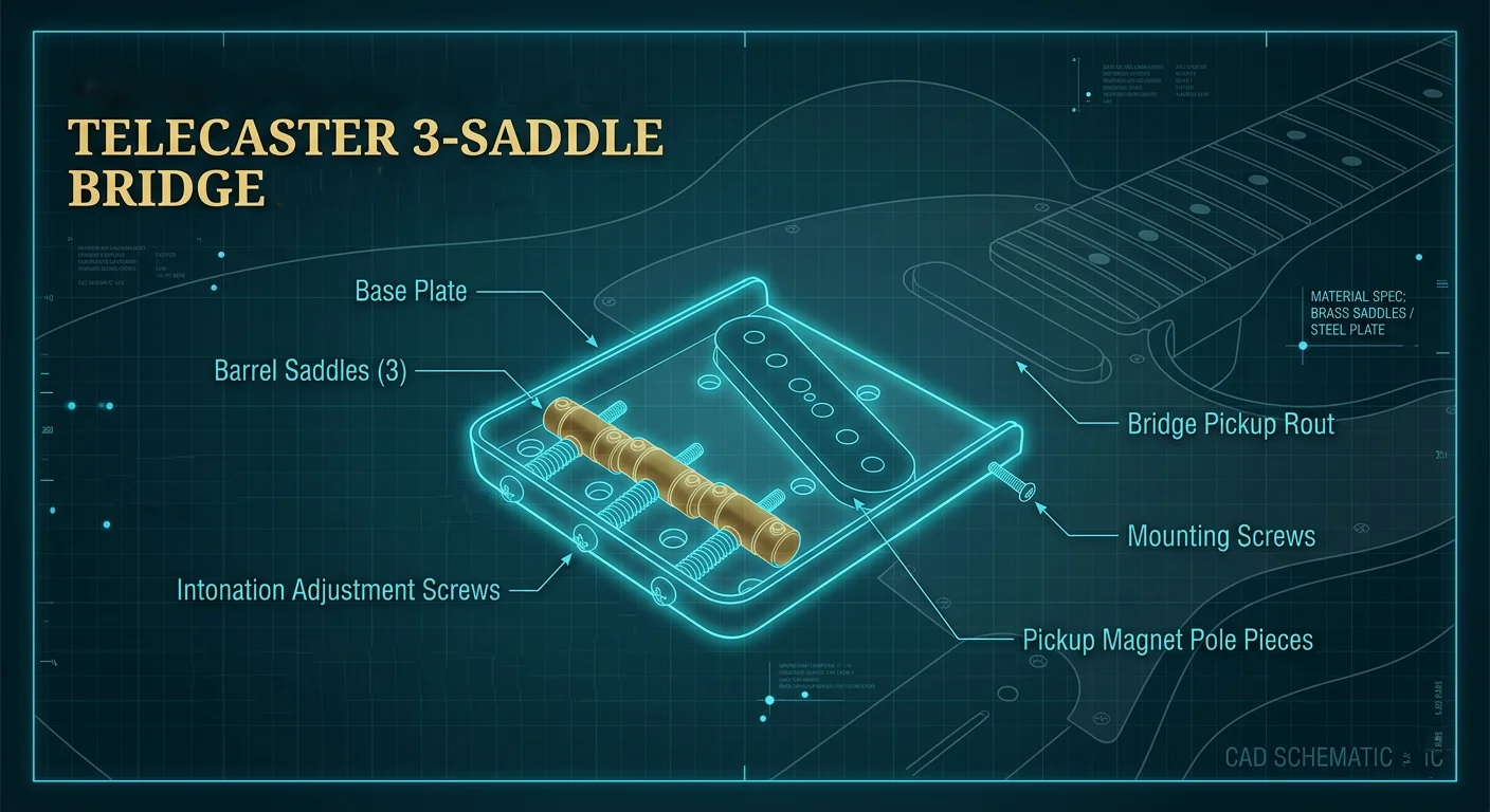 Anatomy of a Telecaster 3-Saddle Bridge with labeled saddle positions