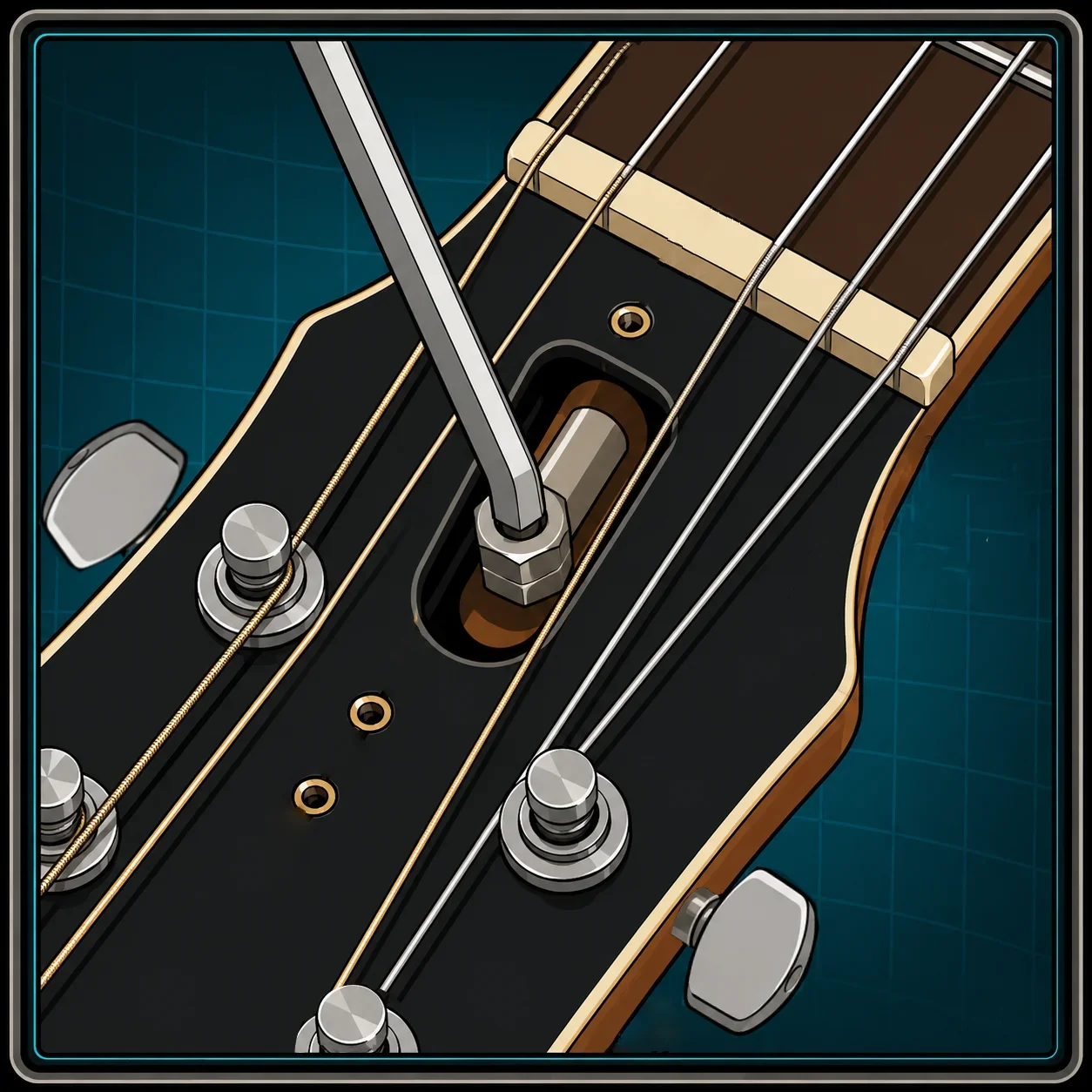 Close-up of guitar headstock showing the truss rod adjustment area with a hex key inserted.