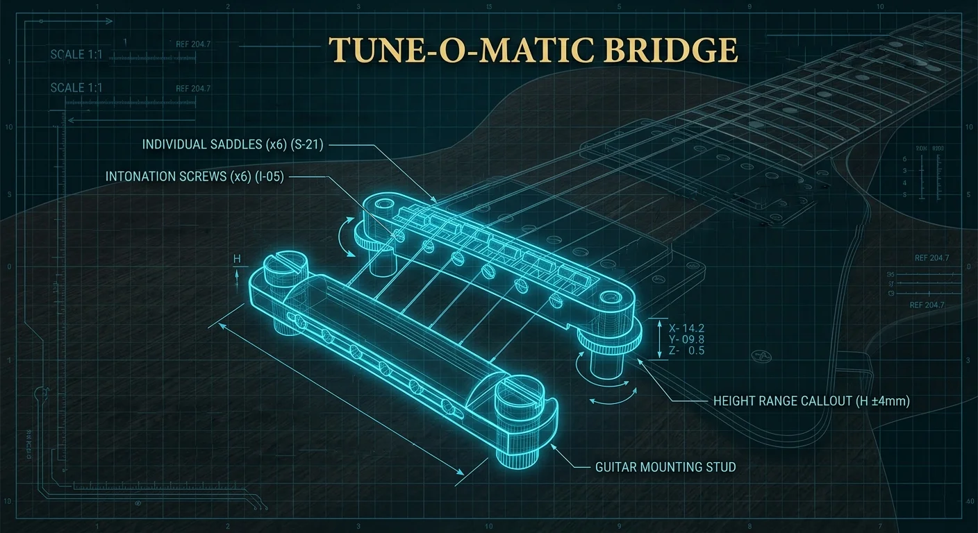 Anatomy of a Tune-O-Matic bridge showing saddles and intonation screws