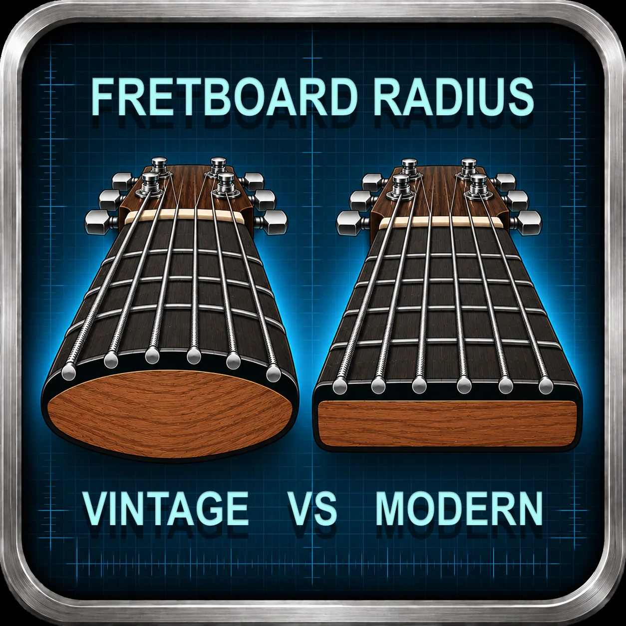 Side by side comparison of vintage rounded fretboard versus modern flat fretboard