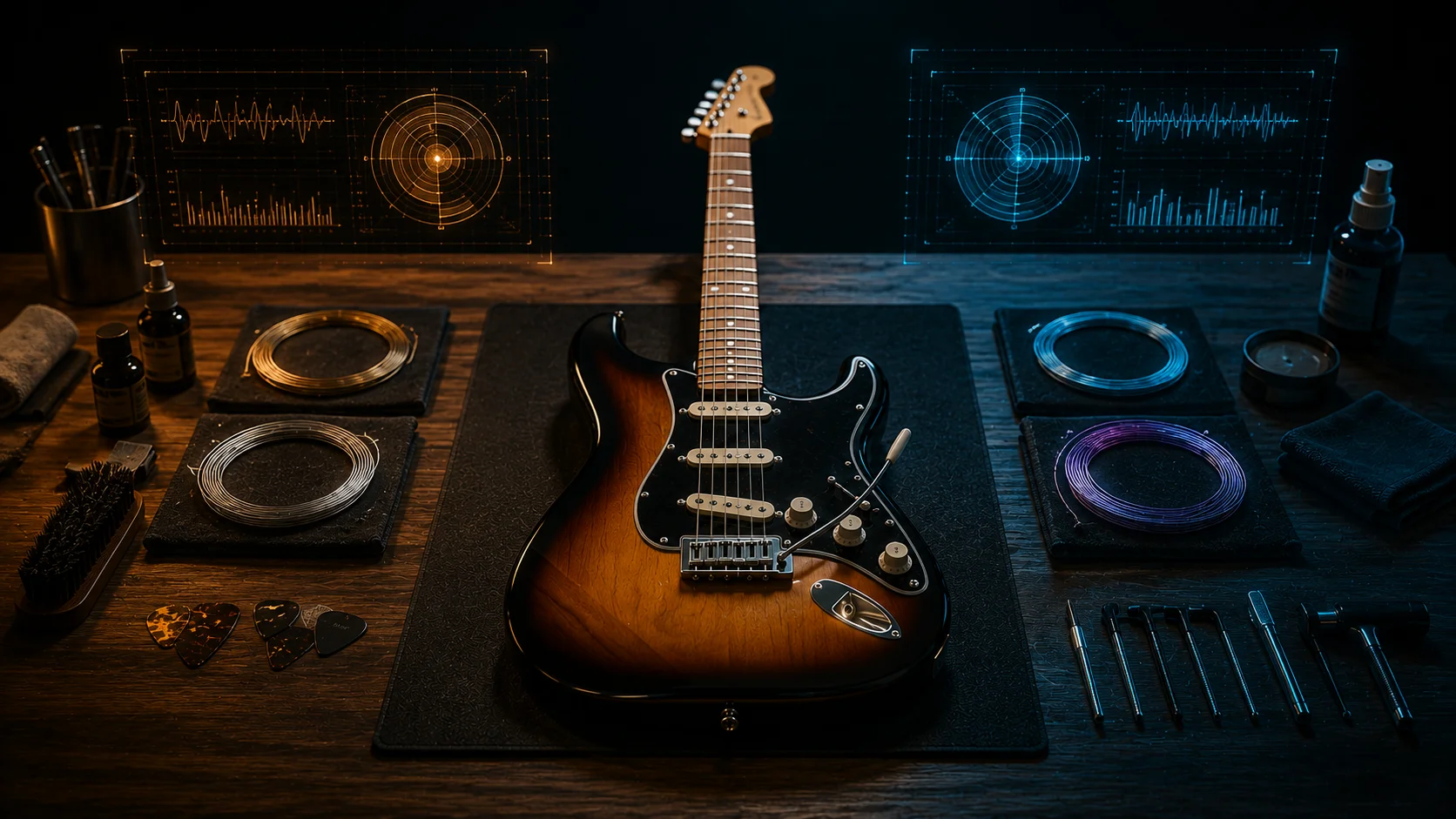 Close-up of guitar strings with different material finishes — phosphor bronze, pure nickel, and coated strings showing tonal variety