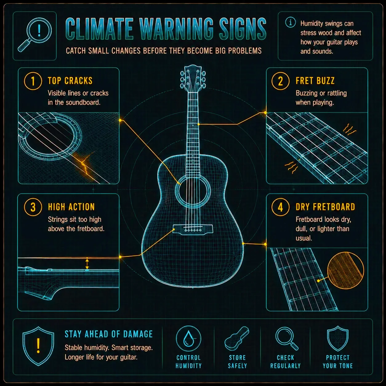 A checklist of climate warning signs for acoustic guitars — buzzing, stiffness, and top movement