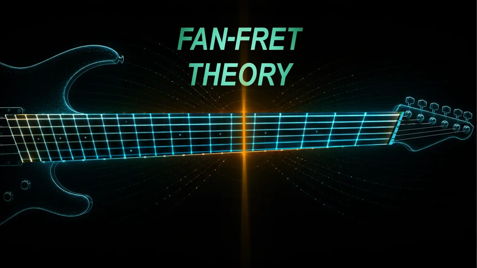 Multi-scale fan-fret guitar showing angled frets across the neck
